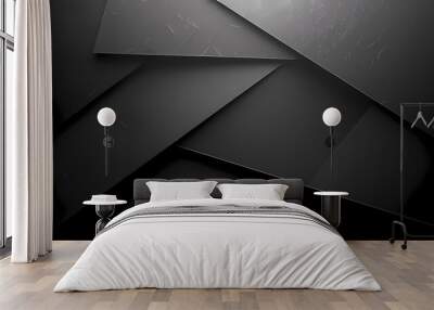 Abstract dark overlapping geometric shapes with a matte finish and scattered light scratches, creating a textured and modern look. Wall mural