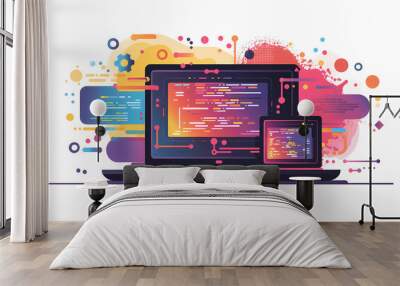 Colorful abstract representation of programming code on laptop and tablet screens, symbolizing modern technology and coding. Wall mural