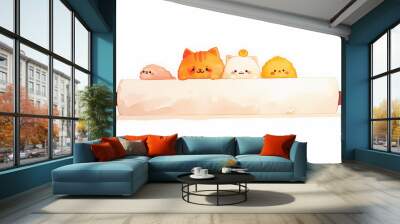 Four adorable cartoon animals peek over the edge of a large, white surface. There's an orange cat, a white cat with a yellow bird on top, and two yellow fluffy animals. Wall mural