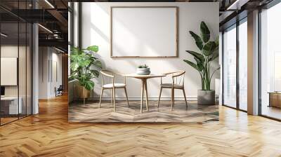 Minimalist dining room with a wooden table and chairs, framed artwork, and potted plants. The room is bathed in natural light creating a calm atmosphere. Wall mural