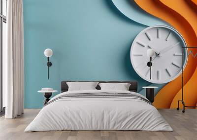 Modern clock with white face on a light blue and orange wavy background, representing the concept of time and design aesthetics. Wall mural