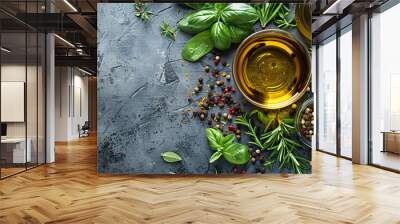 photo of oil, herbs, spices and cooking ingredient for cooking background Wall mural