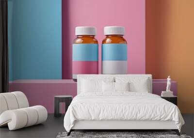 Two amber bottles with white lids and colorful labels on a pink platform against a blue, pink and orange background. Wall mural