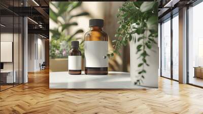 Two amber glass bottles with blank white labels, sitting on a white table with plants in the background. Wall mural