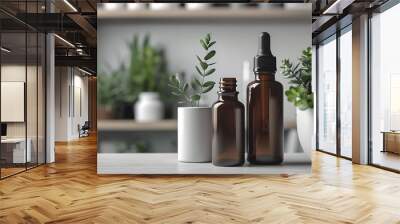 Two amber glass bottles with droppers sit on a white countertop near potted plants. A minimalist, clean aesthetic. Wall mural