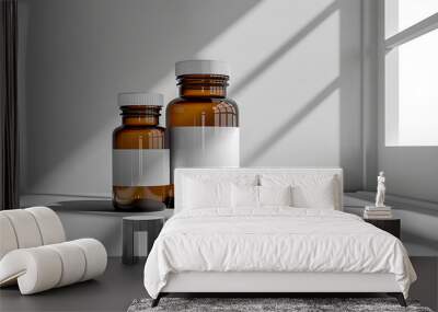 Two amber glass bottles with white labels sit on a white surface. Sunlight streams through a window, casting long shadows. Wall mural