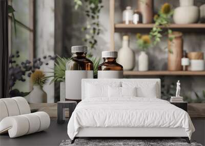 Two amber glass bottles with white labels sit on a wooden table, set against a backdrop of a rustic shelf filled with various home decor items. Wall mural