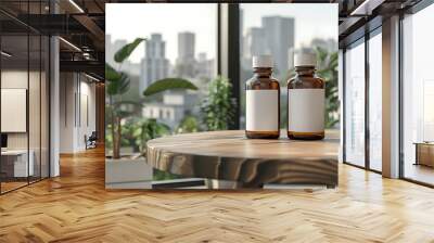 Two amber glass bottles with white labels sit on a wooden table in front of a window with a city view. Wall mural