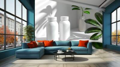 Two white bottles on a white surface with green plants in the background and soft sunlight. Wall mural