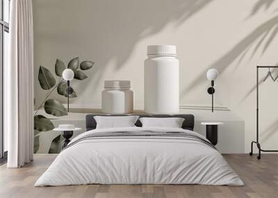 Two white supplement bottles sit on a minimalist platform with green leaves and soft light casting shadows. Wall mural