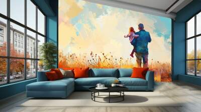 Watercolor illustration of dad and his kid. Copy space for text. Father's day concept Wall mural