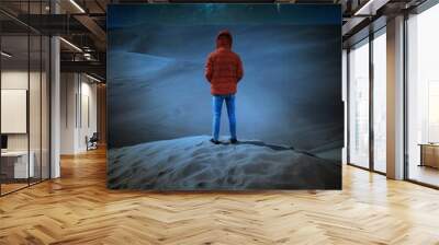 Vertical back view of a male standing in a desert and looking t the starry galaxy Wall mural