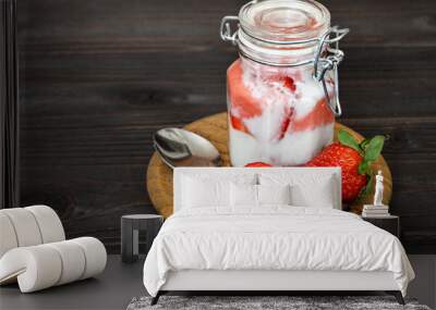 Homemade strawberry yoghurt on the wooden table Wall mural