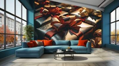 Wrapped Christmas gifts decorated with beautiful bows Wall mural