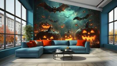 A mysterious night sky filled with jack - o'-lanterns,bats,and ghosts against a dark black background.The jack - o'-lanterns have eerie carved faces, with the candlelight flickering inside. Wall mural