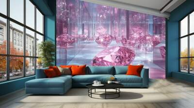 A pile of pink diamond are placed in the glass exhibition hall, large and small,Light refracting under pink diamond，The refracted light creates a dreamlike effect.     It's a delicacy and sparkle. Wall mural