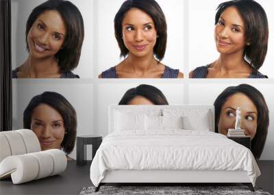 Happy black woman, headshot or collage on isolated white background for emoji or facial expression mosaic. Smile, face or model in composite montage for fun profile picture or business ID photography Wall mural