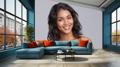 Portrait, beauty and hair with a woman in studio on a gray background for natural haircare treatment. Face, skincare and shampoo with an attractive young female model at the salon for a haircut Wall mural