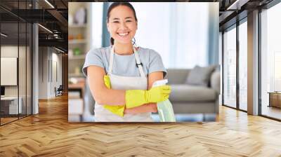 Cleaning, housekeeping and portrait of Asian woman with detergents for spring cleaning dust, dirt and disinfection. Housework, cleaning service and happy female with spray bottle of cleaning products Wall mural