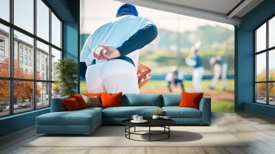 Man, baseball and pitcher ready to throw ball for game, match or victory shot on grass field at pitch. Male sports player with hand behind back with mitt in preparation for sport pitching outdoors Wall mural