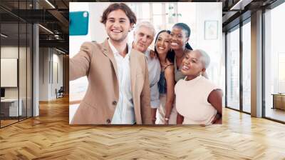 Selfie, phone and business people smile in office for employee happiness, solidarity and teamwork collaboration. Diversity, smartphone photography and workplace support, partnership and happy success Wall mural