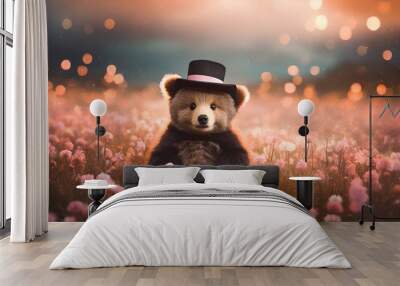 Brown bear in black top hat sitting in pink flower field; widescreen background / wallpaper Wall mural