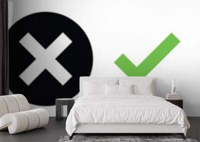 Check mark icon button set. Check box icon with right and wrong buttons and yes or no checkmark icons in green tick box and red cross. Wall mural