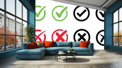 Check mark icon button set. Check box icon with right and wrong buttons and yes or no checkmark icons in green tick box and red cross. Wall mural