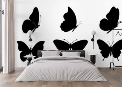 Flying butterflies silhouette black set isolated on white background. Flying butterflies set. Wall mural