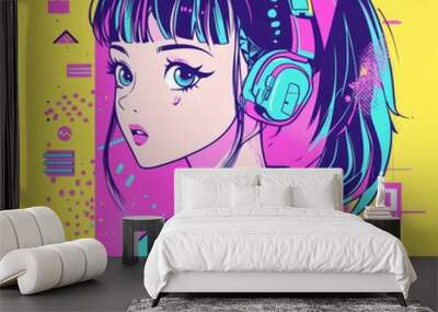 Geometric shapes in anime cartoon cool tone e-commerce images.  The geometric designs are eye-catching.  The anime style brings a sense of fun and creativity.It's a combination of art and commerce. Wall mural