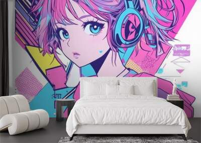 Geometric shapes in anime cartoon cool tone e-commerce images.  The geometric designs are eye-catching.  The anime style brings a sense of fun and creativity.It's a combination of art and commerce. Wall mural