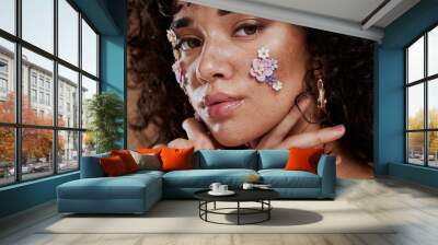 Beauty, flowers and makeup, portrait of black woman from Brazil with beautiful face on studio background. Nature, luxury makeup and art, natural flower skincare product for facial on fashion model. Wall mural