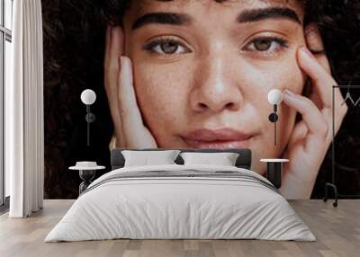 Beauty, portrait and natural face of black woman with healthy freckle skin texture touch. Aesthetic, facial and skincare cosmetic model girl touching cheeks for self love and wellness. Wall mural