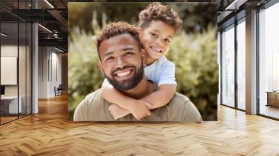 Portrait, happy father and boy smile in garden fun, vacation and break in summer happiness together. Black man and child smile, love and hug outdoor bonding free time on a sunny day in the park Wall mural