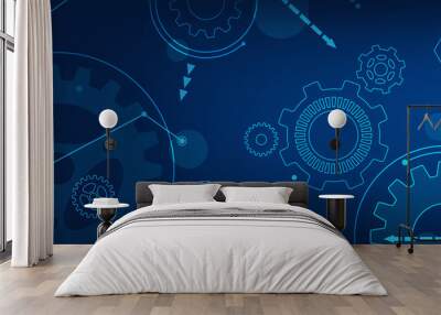 Dark blue abstract pattern background or banner with cogwheels, shapes, circuits and gears. Illustration with icons related to technology, business, engineering, organization or management. Wall mural