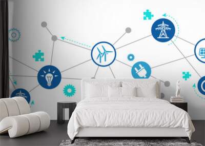 electricity / energy vector illustration. Concept with connected icons related to energy transmission, alternative or renewable energy and electric power infrastructure. Wall mural