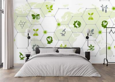 Environmental science vector illustration. Green concept with icons on biotech / biochemistry / microbiology, molecular sciences, worldwide / global medical research, biotechnology, herbal medicine. Wall mural