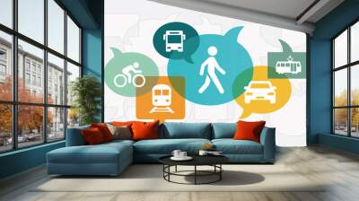 Future mobility concepts vector illustration (all layers full opacity). Concept with icons related to alternative urban modes of transport, flexible mobility solutions, sustainability. Wall mural