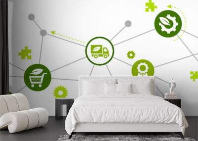 green supply chain vector illustration. Concept with connected icons related to sustainable logistics, environmentally friendly transport of goods, and co2 reduction. Wall mural