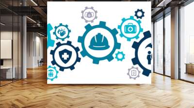 Health & safety vector illustration. Blue concept with icons related to industrial accident prevention, workplace safety training, industrial regulations, hazard warning, protective equipment. Wall mural