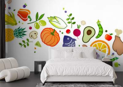 healthy, colorful & balanced diet, food icon banner: flat lay of cartoon foods and ingredients isolated on white – vector illustration Wall mural