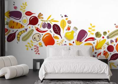 Healthy foods vector illustration. High-angle view of various colourful raw fruit and vegetables, olive oil & protein for detox, healthy diet & lifestyle; red, orange & yellow antioxidant food. Wall mural