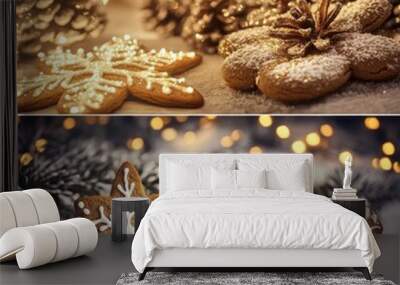 Pictures show Christmas festival.Cards and gingerbread lights in t the picture,.The Christmas cards have beautiful designs greetings,adding a festive glow.They create a cozy Christmas atmosphere. Wall mural