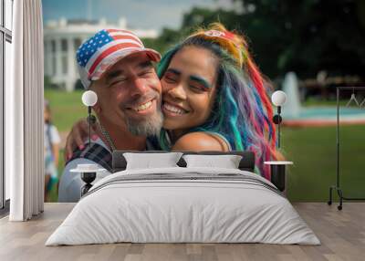 Conservative republican white man hugging liberal democrat LGBT woman with rainbow color hair, white house with copy space in background Wall mural