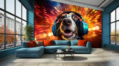 Cute dog scared and terrified of New Year's Eve fireworks, wearing protective earphones Wall mural