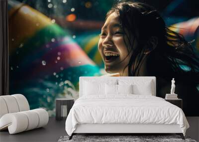 Happy asian japanese girl having funat colorful aquapark spa water slide, front view approaching in tunnel with splashes and copy space, generative AI Wall mural