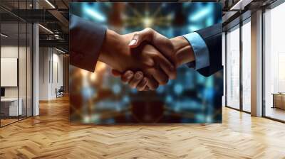 Two businessmen shaking hands to make a deal, digital AI Network. Wall mural