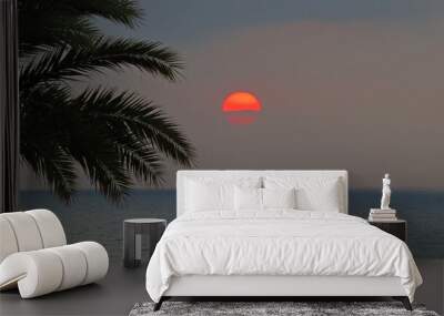 sunset beach palm tree backlight warm sun reddish sea coast summer vacations rest Wall mural