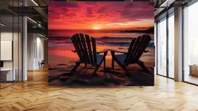 Serene Sunset View with Two Empty Chairs Overlooking the Ocean Wall mural