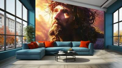 Oil painting of Jesus Christ wearing a crown of thorns looking up at the sky Wall mural